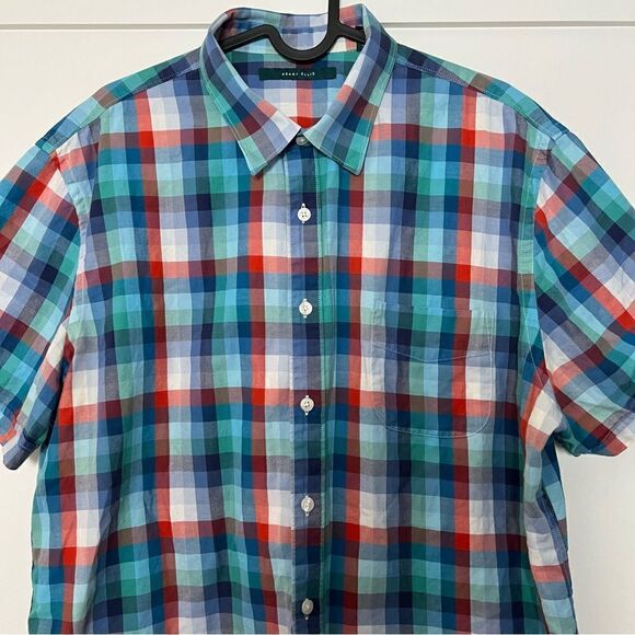 Perry Ellis Mens Shirt Size XL Blue Green Plaid Short Sleeve Button Up Cotton - Picture 2 of 12